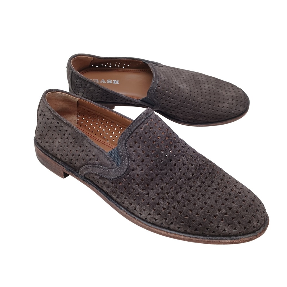 Trask Women Charcoal Grey Perforated Suede Slip On Loafers Size 8.5